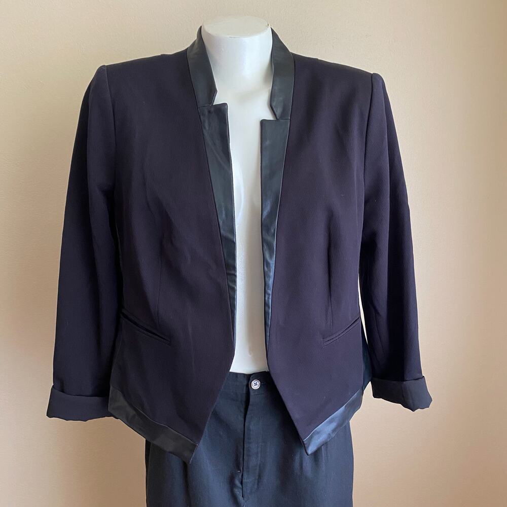 Worthington Size 14 Black Faux Leather Trim Blazer Goth Office Business